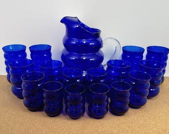 17 Piece Louie Glass Harpo Set, 1930s Cobalt Blue Pitcher and 16 Tumblers, 4 each - 5 1/8", 4 1/8", 3 5/8", 3"