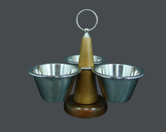 Svensk Design Danish Modern 3 Bowl Condiment Server, Teak, Stainless Steel 18-8, Lazy Susan Rotating Swivel
