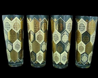 4 Cera Glass Pineapple 6-3/4" Tom Collins Glasses Designed by Ned Harris 22K Gold & Yellow, Mid Century MCM Barware