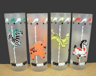 4 Libbey Merry-Go-Round Glasses, Green Zebra, Pink Elephant, Yellow Leopard, Red Horse, Carousel Zombies, Coolers, Tumblers, Vintage Barware