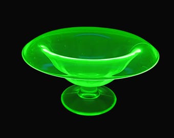 Green Uranium Glass Mayonnaise Paneled, Rolled Edge, Footed Pedestal Bowl, Possibly Cambridge