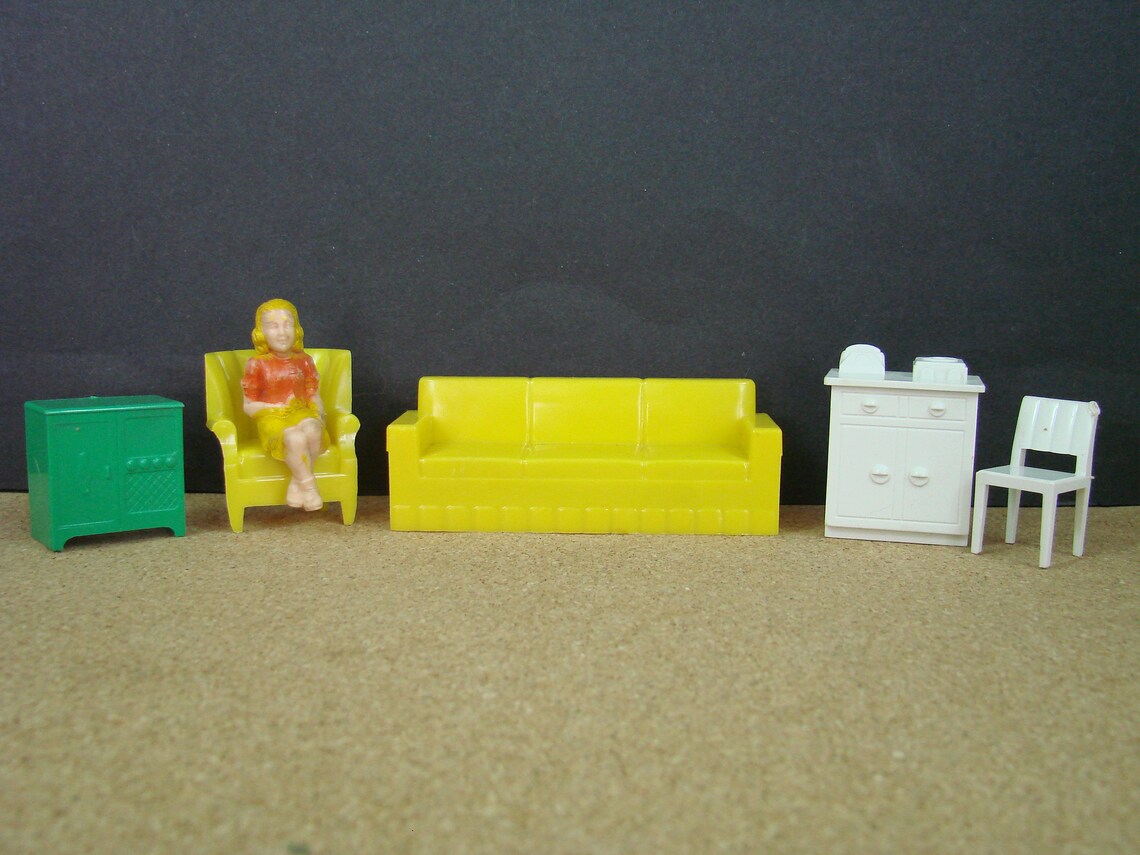 Marx Dollhouse Furniture and Seated Rubber Girl Yellow Couch Etsy