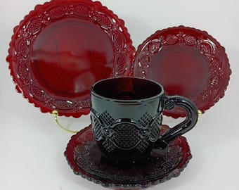 4 Piece Set Avon 1876 Cape Cod Collection Coffee Cup & Saucer, Salad Plate, Bread and Butter Plate Ruby Red Cranberry Glass