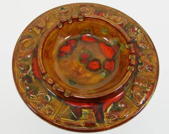 Vintage Ceramic Zodiac Signs Ashtray, Brown, Orange, Red 1980 Ash Tray, Collectible Tobacciana, 1970s Design