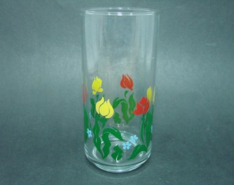 Vintage Tumbler with Red & Yellow Tulips, Blue Forget-Me-Nots, Floral Glass, Tall Boy, Retro Barware