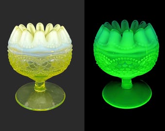 Antique Jefferson Glass Pearls and Scales Pedestal Rose Bowl Opalescent Vaseline, Yellow Uranium Glass Stemmed Bowl