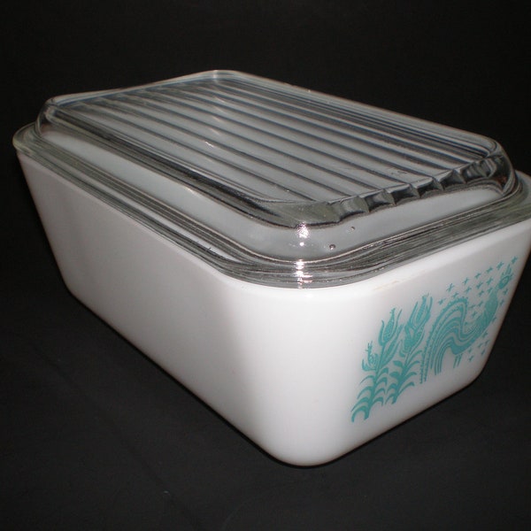 Pyrex Butterprint Refigerator Dish Box Turquoise Amish Rooster Corn