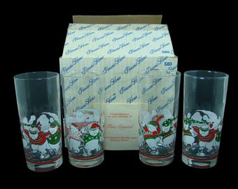 4 New Princess House Exclusive Ice Skating Polar Bears Fine Crystal Tumblers in Original Box 1991, Christmas Holiday Barware, Made in U.S.A.