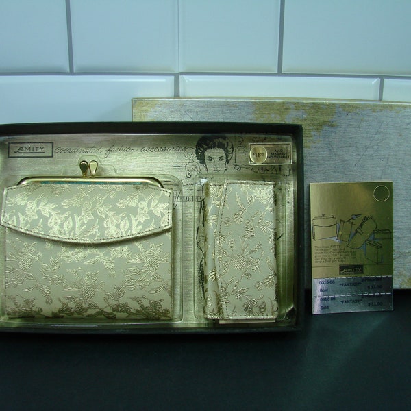 Vintage New in Box Amity Gold Brocade Cowhide Bi-Fold Wallet and Key Case Set, Fantasy Setmaker Go-togethers, NOS Clutch and Key Kaddy