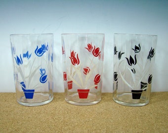 3 Hazel Atlas for Kraft Swanky Swigs, Vintage Juice Glasses, 1937 Blue, Red & Black Tulips