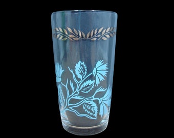 Federal Glass Gold Magic Pattern Tumbler, Blue Flowers, Gold Leaves, Decoration #3553, Vintage Barware