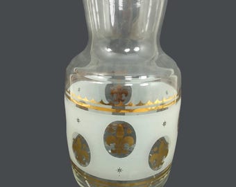 Anchor Hocking Glass Juice Carafe, Frosted with Gold Fleur De Lis, Vintage Barware or Breakfast Juice Jug