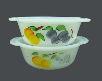 2 Anchor Hocking Fire King Gay Fad Hand Painted Fruit 1 Pt. Baking Dishes, Milk Glass Peach and Grapes Bowls