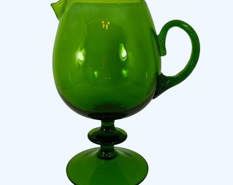 Empoli Green Glass 10.5" Pitcher, Pedestal, Twisted Handle, Vintage Made in Italy