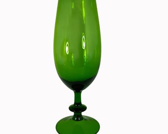 Empoli Green Glass Vase, Vintage 14-5/8" Tall Pedestal Vessel, Vintage Made in Italy