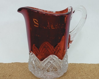 Antique Souvenir EAPG Ruby Red Flashed Creamer or Small Pitcher, Inverted Heart