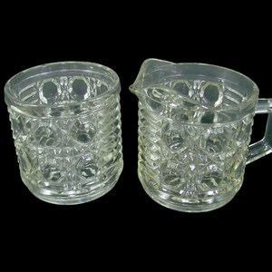 Federal Glass Windsor Clear Open Sugar and Creamer, Indiana Royal Brighton Button and Cane Set