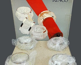 4 Napkin Rings, Frosted Rose by William Adams, Towle Silver Co., 24% Genuine Lead Crystal & Silverplate, Made in W. Germany, Original Box