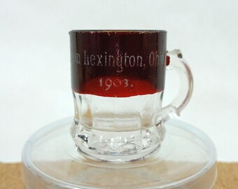 1903 Souvenir of New Lexington, Ohio Ruby Red Flashed Mini Mug Shot Glass
