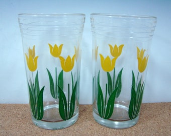 2 Hazel Atlas for Kraft Foods Juice Glasses, Vintage Swanky Swigs, 1939 Yellow Tulips