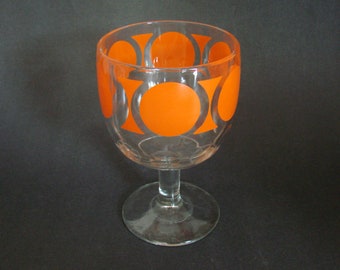 Retro Bartlett Collins Beer Glass with Orange Geometric Design, Libbey Water Goblet Holding 16 oz., Vintage Barware