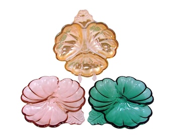 3 Jeannette Doric 3 Part Clover Candy Dishes, Pink, Marigold Iridescent, Teal
