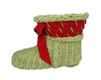 Vintage Santa's Wicker Boot with Red Velvet Bow, Christmas Holiday Decoration