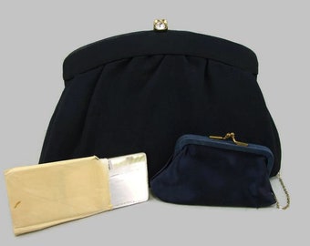 Black MM Morris Moskowitz Clutch with Rhinestone Clasp, Coin Purse and Mirror, Vintage Black Fabric Handbag, Rayon Bag