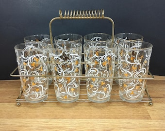 8 Hazel Atlas Glasses in Carrier, Vintage Gold Bleeding Hearts with White Filigree Tumblers in Metal Holder