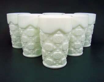6 Westmoreland Glass Co. Old Quilt Flat Tumblers, Vintage Milk Glass 11 oz. Drinking Glasses