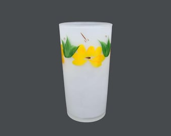 Federal Glass Gay Fad Hand Painted Yellow Orange Flowers, Frosted Floral Tumbler