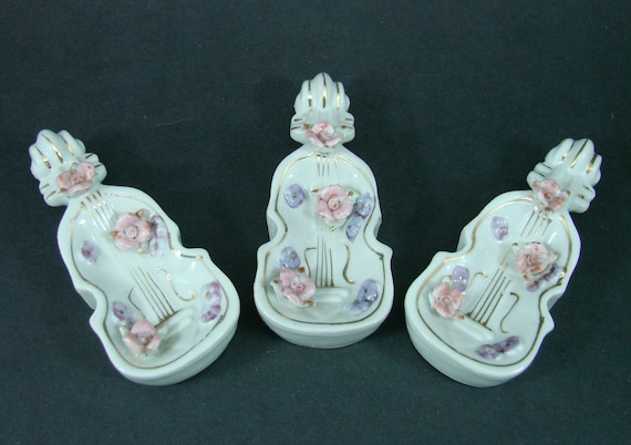 3 Hand Painted Violin Tea Bag Holders, Trinket Di… - image 1