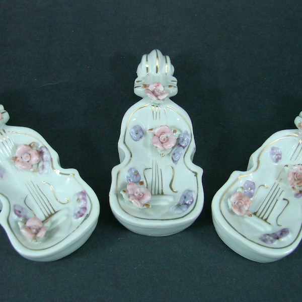 3 Hand Painted Violin Tea Bag Holders, Trinket Dishes Made in Japan for Vinci Prod., Ceramic Guitar with Pink Roses