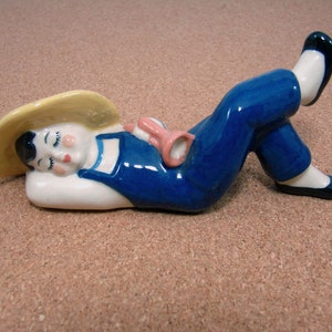 Vintage Little Boy Blue Ceramic Figurine, Sleeping, Reclining Farm Boy or Girl with Horn and Straw Hat