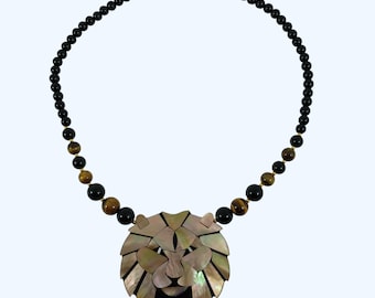 Lee Sands Signed Vintage Mother of Pearl Lion Necklace, Tiger's Eye, Black Beaded