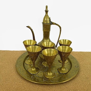 Vintage Small Floral Engraved Brass Tea or Liqueur Set, Dallah Pot or Pitcher, 6 Cups, Tray