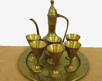 Vintage Small Floral Engraved Brass Tea or Liqueur Set, Dallah Pot or Pitcher, 6 Cups, Tray
