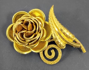 Vintage Gold Tone Rose Pin, Heavy Metal Brooch