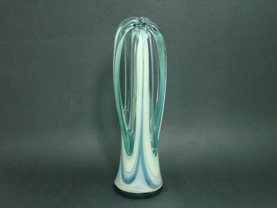 Sooner - Arklahoma - Ozark Art Glass Vase, Aqua - Turquoise Blue and White Swirled Sculpture