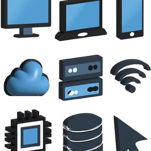 May include: A collection of nine 3D icons featuring a computer monitor, a tablet, a smartphone, a blue cloud, two stacked server units, a Wi-Fi signal symbol, a central processing unit chip, a database cylinder stack, and a computer mouse cursor.
