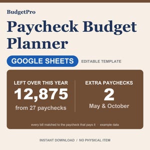 May include: A BudgetPro Paycheck Budget Planner Google Sheets editable template. The graphic displays text including Left Over This Year 12,875 from 27 paychecks, Extra Paychecks 2 in May & October, every bill matched to the paycheck that pays it, and example data.