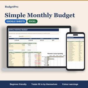 May include: A digital Simple Monthly Budget template for Google Sheets and Excel displayed on a laptop and smartphone screen. The interface features tables for income, expenses, and a bar chart comparing planned versus actual spending with data.