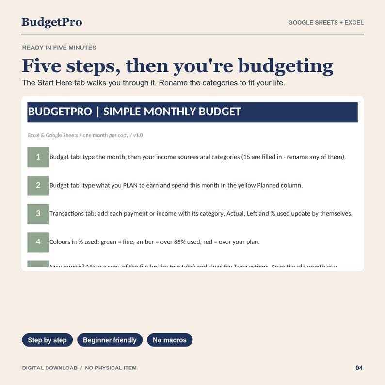 Simple Monthly Budget Spreadsheet for Beginners, Google Sheets & Excel ...