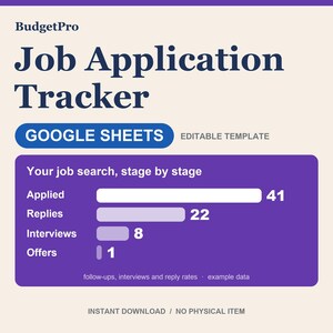 May include: A digital Job Application Tracker template for Google Sheets with a dark blue title on a cream background. A purple box displays a bar chart tracking job search stages: 41 Applied, 22 Replies, 8 Interviews, and 1 Offer, with text labels.