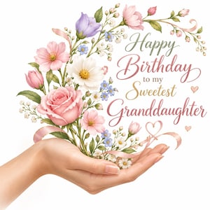 May include: A floral arrangement featuring pink roses, purple bellflowers, and small white blossoms with green leaves and pink ribbons. The text reads Happy Birthday to my Sweetest Granddaughter in elegant script, accompanied by two small pink hearts.