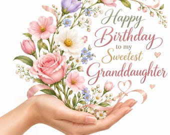 Könnte beinhalten: Ein Blumenarrangement mit rosa Rosen, violetten Glockenblumen und kleinen weißen Blüten, ergänzt durch grüne Blätter und rosa Bänder. Der Text Happy Birthday to my Sweetest Granddaughter steht in eleganter Schrift neben zwei kleinen rosa Herzen.