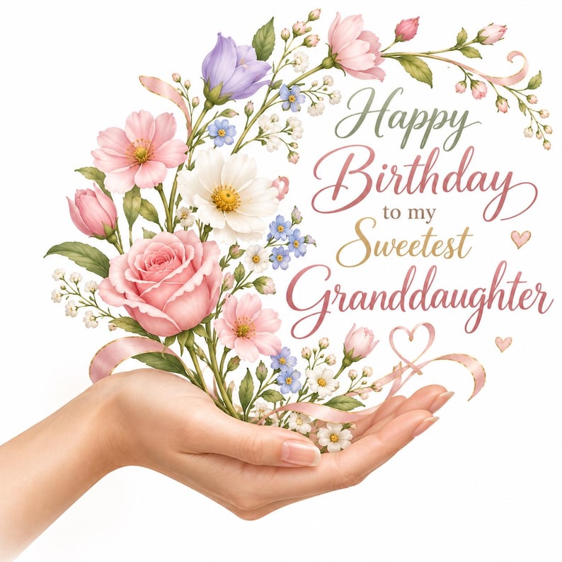 May include: A floral arrangement featuring pink roses, purple bellflowers, and small white blossoms with green leaves and pink ribbons. The text reads Happy Birthday to my Sweetest Granddaughter in elegant script, accompanied by two small pink hearts.