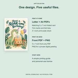 May include: A digital download listing for a birthday card design by Jaff Collective. The card features a green dinosaur wearing a party hat next to a cake with candles, balloons, and gifts. Text reads: Have a ROAR-some Birthday! Includes 5x7 inch files.