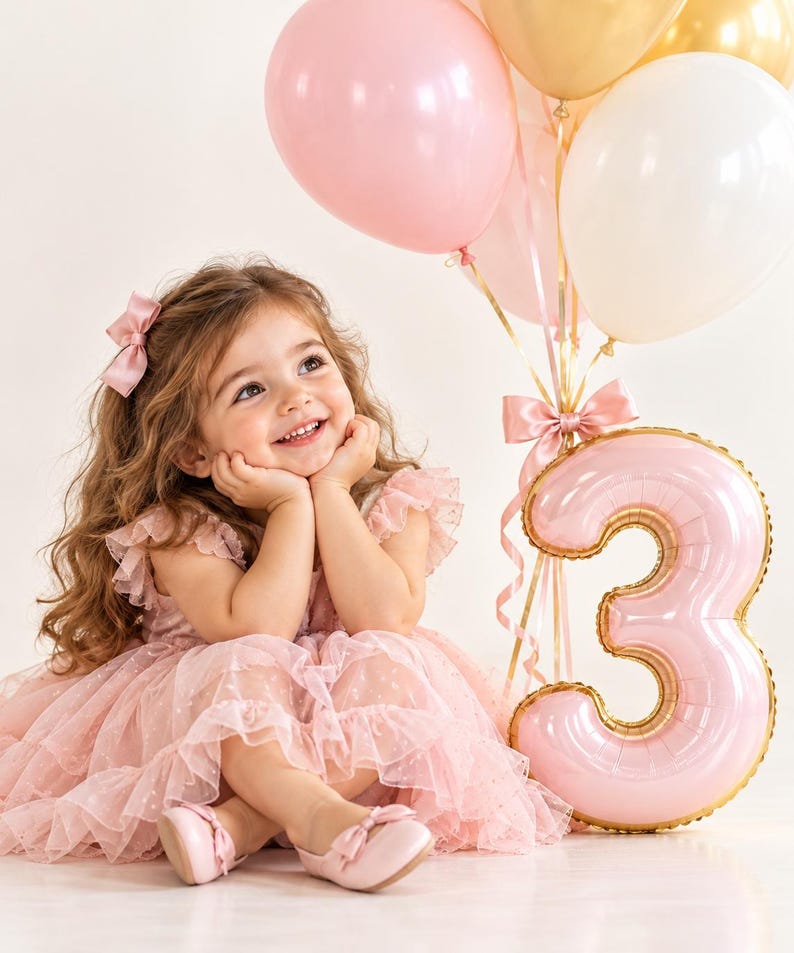 May include: A child with long wavy hair wearing a pink ruffled tulle dress and matching bow hair clip, sitting beside a large pink foil balloon shaped like the number three, accompanied by a cluster of pink, white, and gold helium balloons.