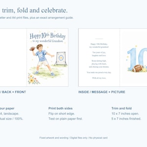 May include: A printable 10th birthday greeting card for a grandson featuring a watercolor illustration of a child throwing a football. The front reads Happy 10th Birthday to my wonderful Grandson. The inside includes a poem and a large blue number 10.